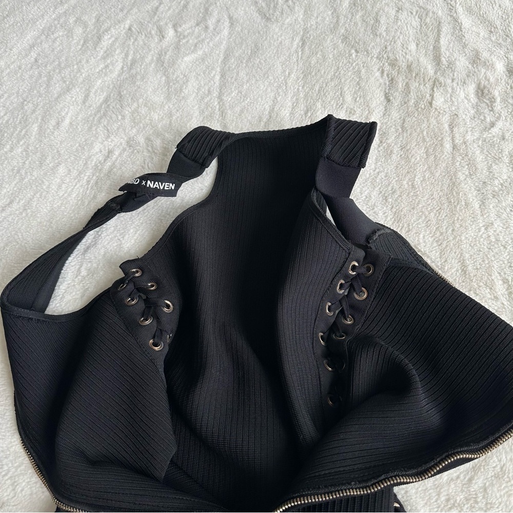 NBD Black Lace-Up Ribbed Mini Dress - Picture 8 of 13